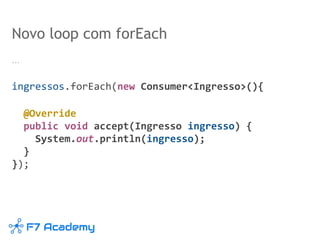 Novo loop com forEach
…
ingressos.forEach(new Consumer<Ingresso>(){
@Override
public void accept(Ingresso ingresso) {
System.out.println(ingresso);
}
});
 