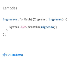 Lambdas
ingressos.forEach((Ingresso ingresso) {
System.out.println(ingresso);
}
);
 