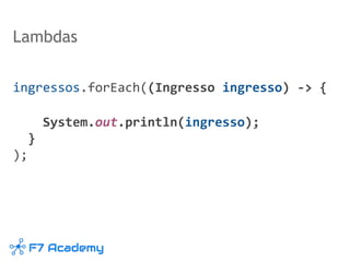Lambdas
ingressos.forEach((Ingresso ingresso) -> {
System.out.println(ingresso);
}
);
 