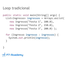Loop tradicional
public static void main(String[] args) {
List<Ingresso> ingressos = Arrays.asList(
new Ingresso("Festa 1", 100.0),
new Ingresso("Festa 2", 150.0),
new Ingresso("Festa 3", 200.0) );
for (Ingresso ingresso : ingressos) {
System.out.println(ingresso);
}
}
 