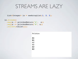 STREAMS ARE LAZY
List<Integer> is = newArrayList(1, 2, 3);
is.stream()
.map(a -> printAndReturn("A", a))
.map(a -> printAndReturn("B", a))
.collect(toList());
Prints:
A1
B1
A2
B2
A3
B3
 
