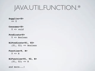 JAVA.UTIL.FUNCTION.*
Supplier<T>
=> T
Consumer<T>
T => void
Predicate<T>
T => Boolean
BiPredicate<T1, T2>
(T1, T2) => Boolean
Function<T, R>
T => R
BiFunction<T1, T2, R>
(T1, T2) => R
and more...!
 