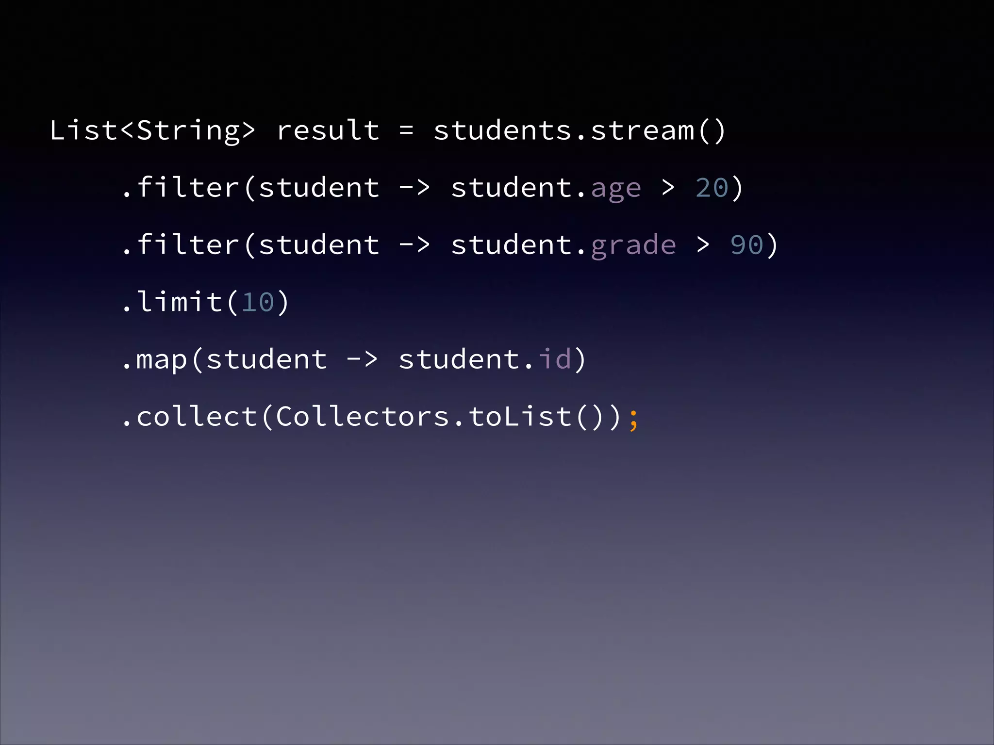 List<String> result = students.stream()
.filter(student -> student.age > 20)
.filter(student -> student.grade > 90)
.limit(10)
.map(student -> student.id)
.collect(Collectors.toList());
 