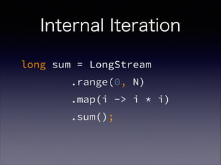 Internal Iteration
long sum = LongStream
.range(0, N)
.map(i -> i * i)
.sum();
 