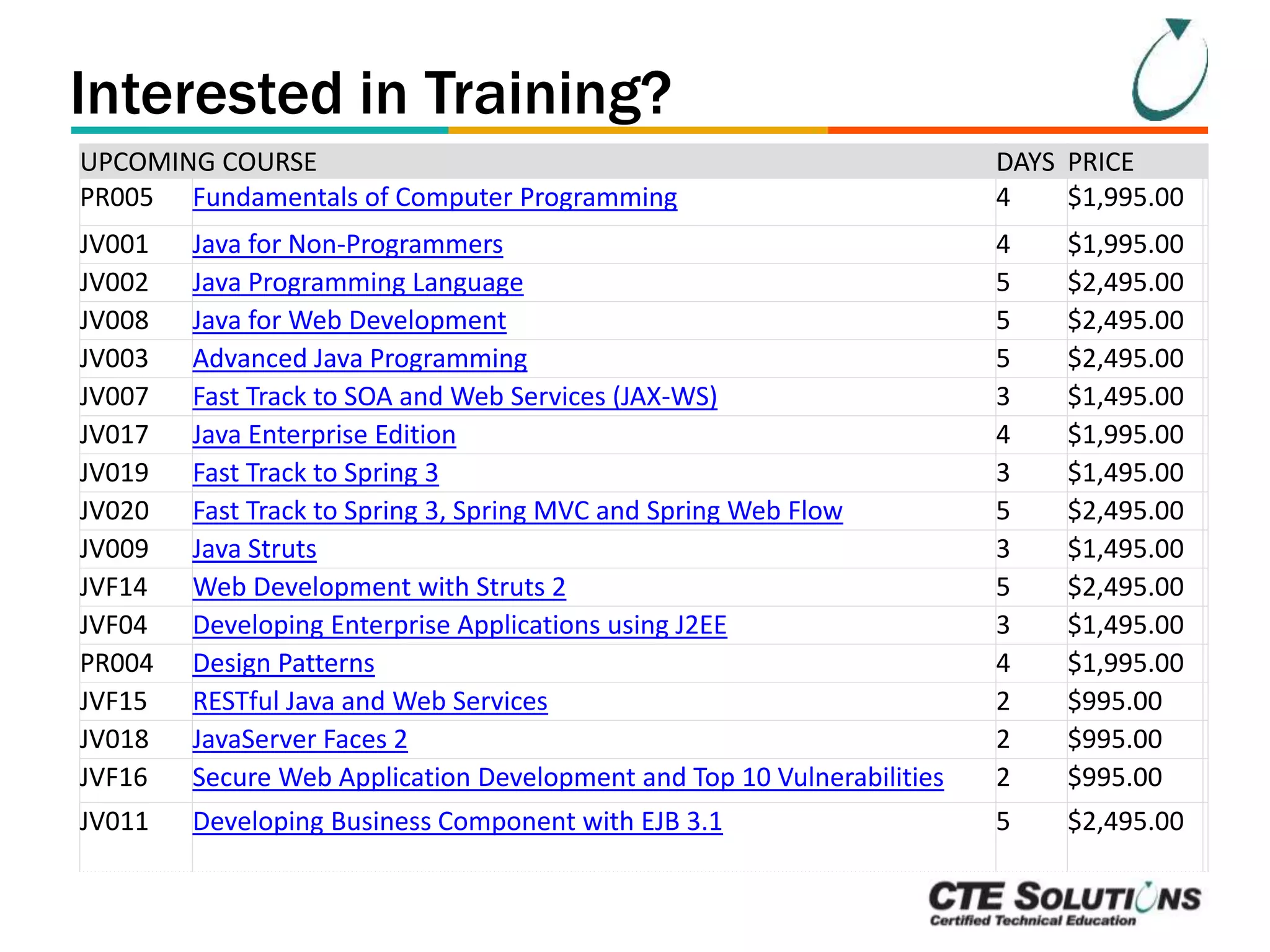 Interested in Training? 
UPCOMING COURSE DAYS PRICE 
PR005 Fundamentals of Computer Programming 4 $1,995.00 
JV001 Java for Non-Programmers 4 $1,995.00 
JV002 Java Programming Language 5 $2,495.00 
JV008 Java for Web Development 5 $2,495.00 
JV003 Advanced Java Programming 5 $2,495.00 
JV007 Fast Track to SOA and Web Services (JAX-WS) 3 $1,495.00 
JV017 Java Enterprise Edition 4 $1,995.00 
JV019 Fast Track to Spring 3 3 $1,495.00 
JV020 Fast Track to Spring 3, Spring MVC and Spring Web Flow 5 $2,495.00 
JV009 Java Struts 3 $1,495.00 
JVF14 Web Development with Struts 2 5 $2,495.00 
JVF04 Developing Enterprise Applications using J2EE 3 $1,495.00 
PR004 Design Patterns 4 $1,995.00 
JVF15 RESTful Java and Web Services 2 $995.00 
JV018 JavaServer Faces 2 2 $995.00 
JVF16 Secure Web Application Development and Top 10 Vulnerabilities 2 $995.00 
JV011 Developing Business Component with EJB 3.1 5 $2,495.00 
 