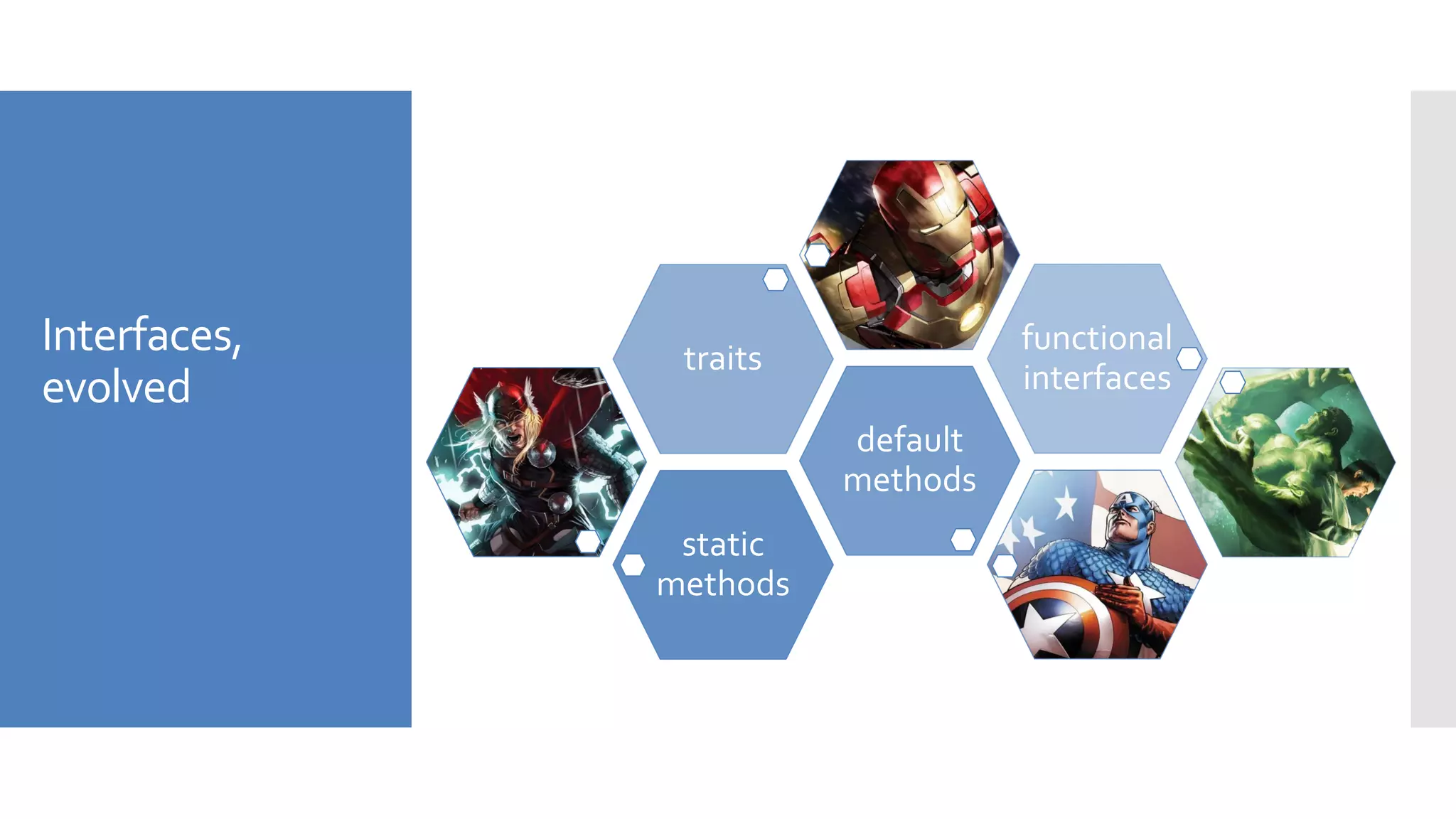 Interfaces,
evolved
static
methods
default
methods
traits
functional
interfaces
 