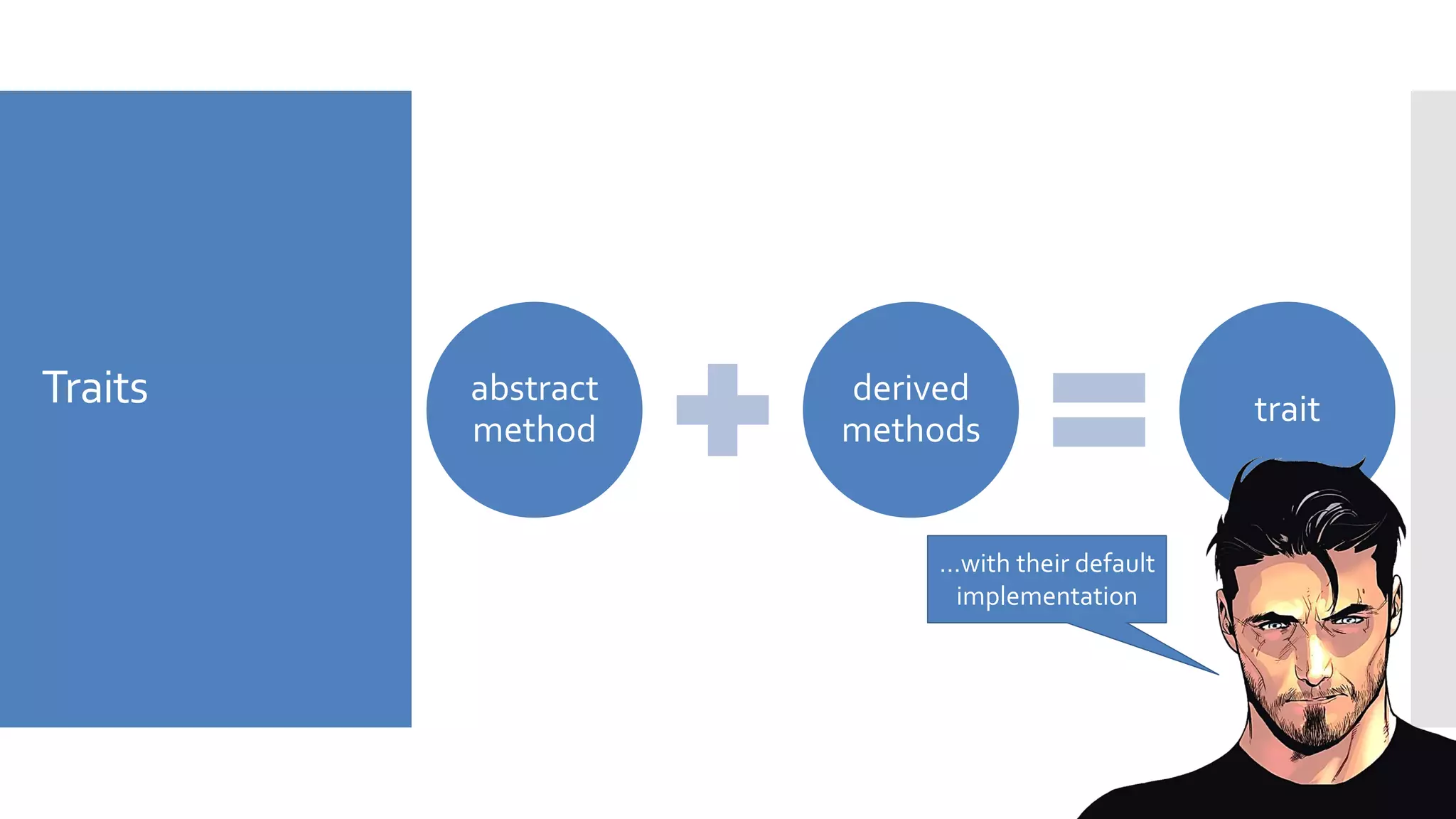 Traits abstract
method
derived
methods
trait
…with their default
implementation
 