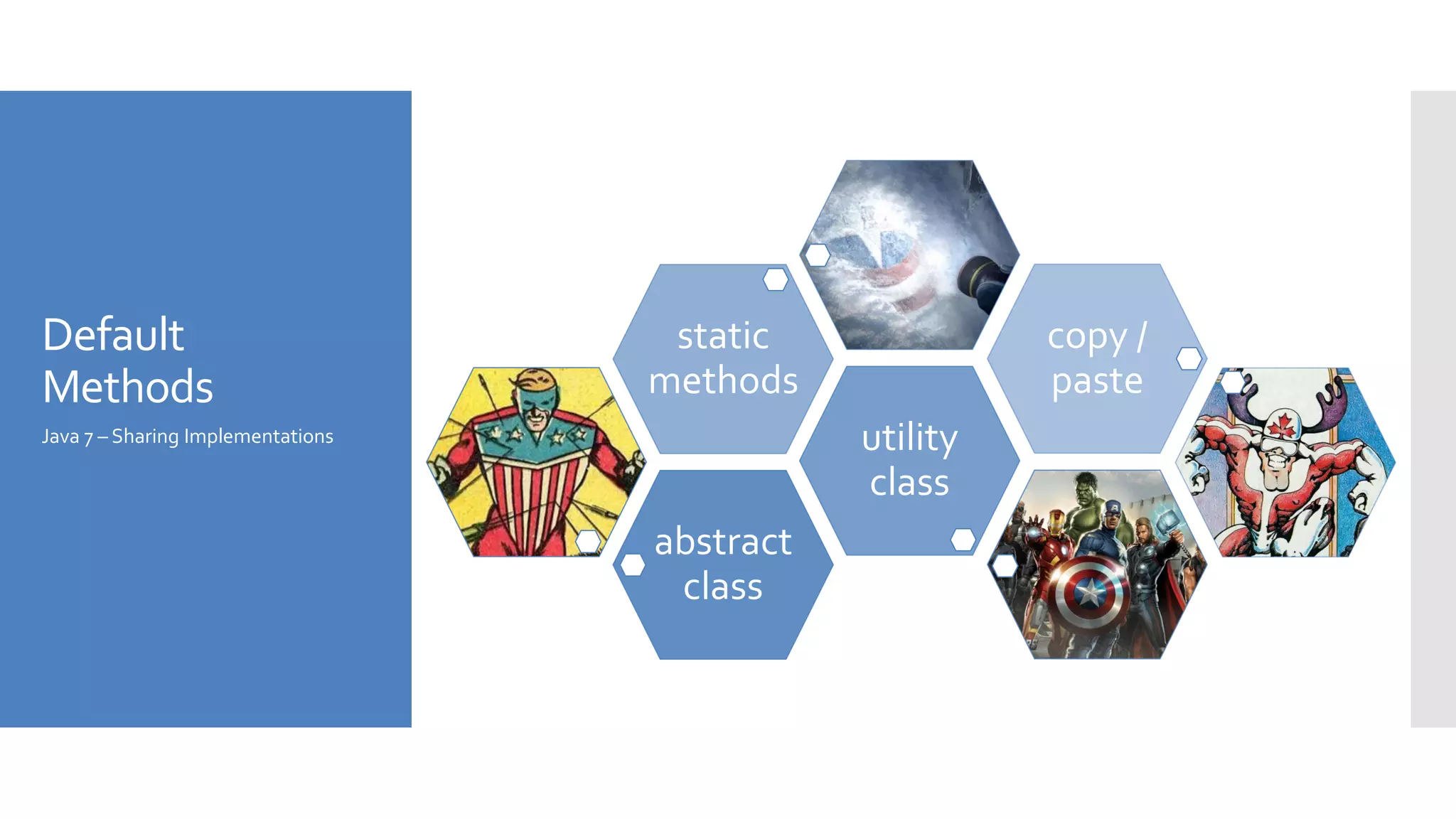Default
Methods
abstract
class
utility
class
static
methods
copy /
paste
Java 7 – Sharing Implementations
 