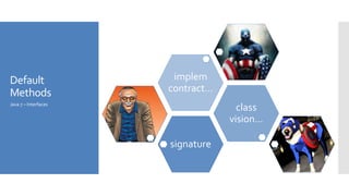 Default
Methods
signature
class
vision…
implem
contract…
Java 7 – Interfaces
 