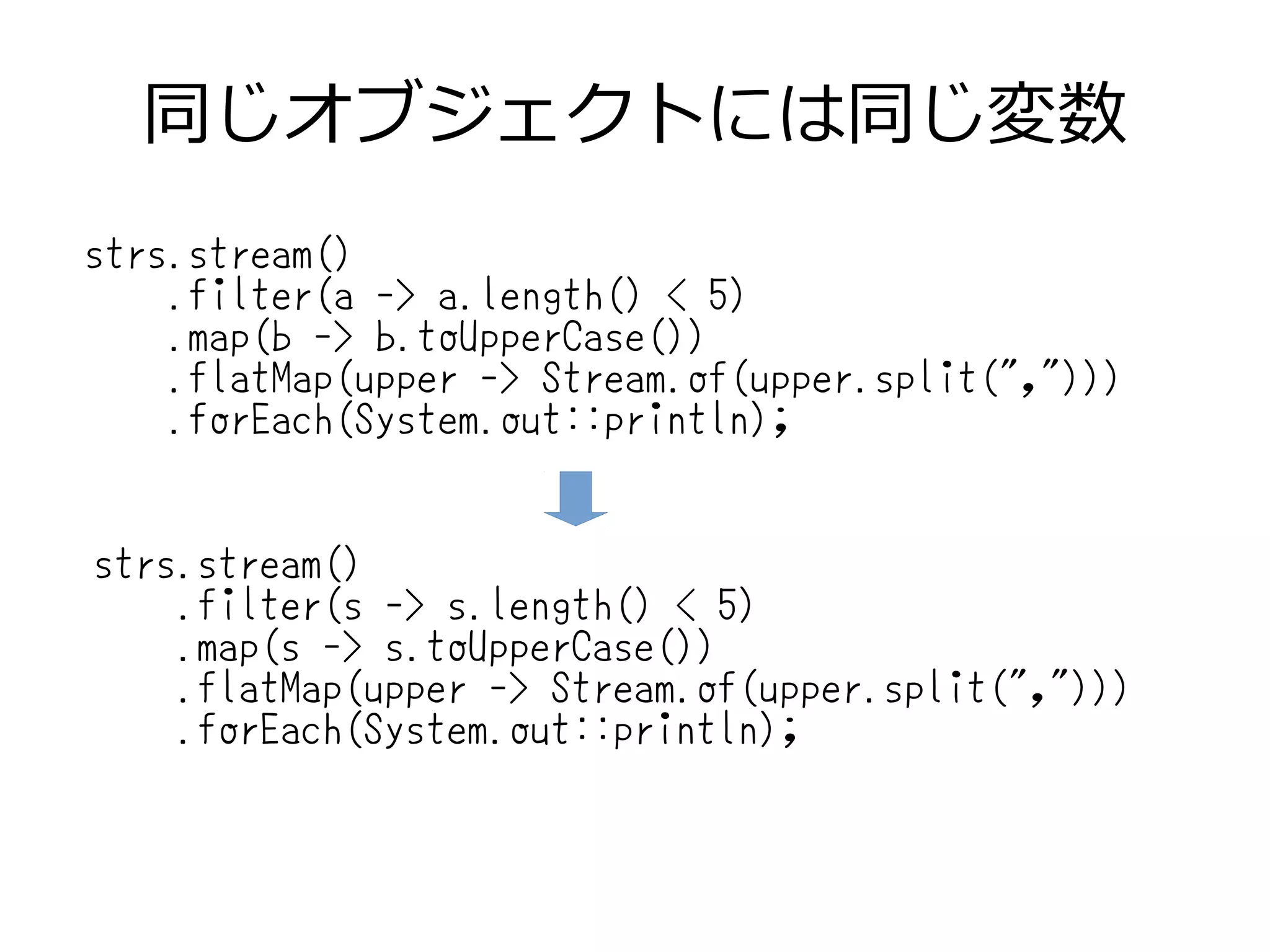 同じオブジェクトには同じ変数
strs.stream()
.filter(s -> s.length() < 5)
.map(s -> s.toUpperCase())
.flatMap(upper -> Stream.of(upper.split(",")))
.forEach(System.out::println);
strs.stream()
.filter(a -> a.length() < 5)
.map(b -> b.toUpperCase())
.flatMap(upper -> Stream.of(upper.split(",")))
.forEach(System.out::println);
 