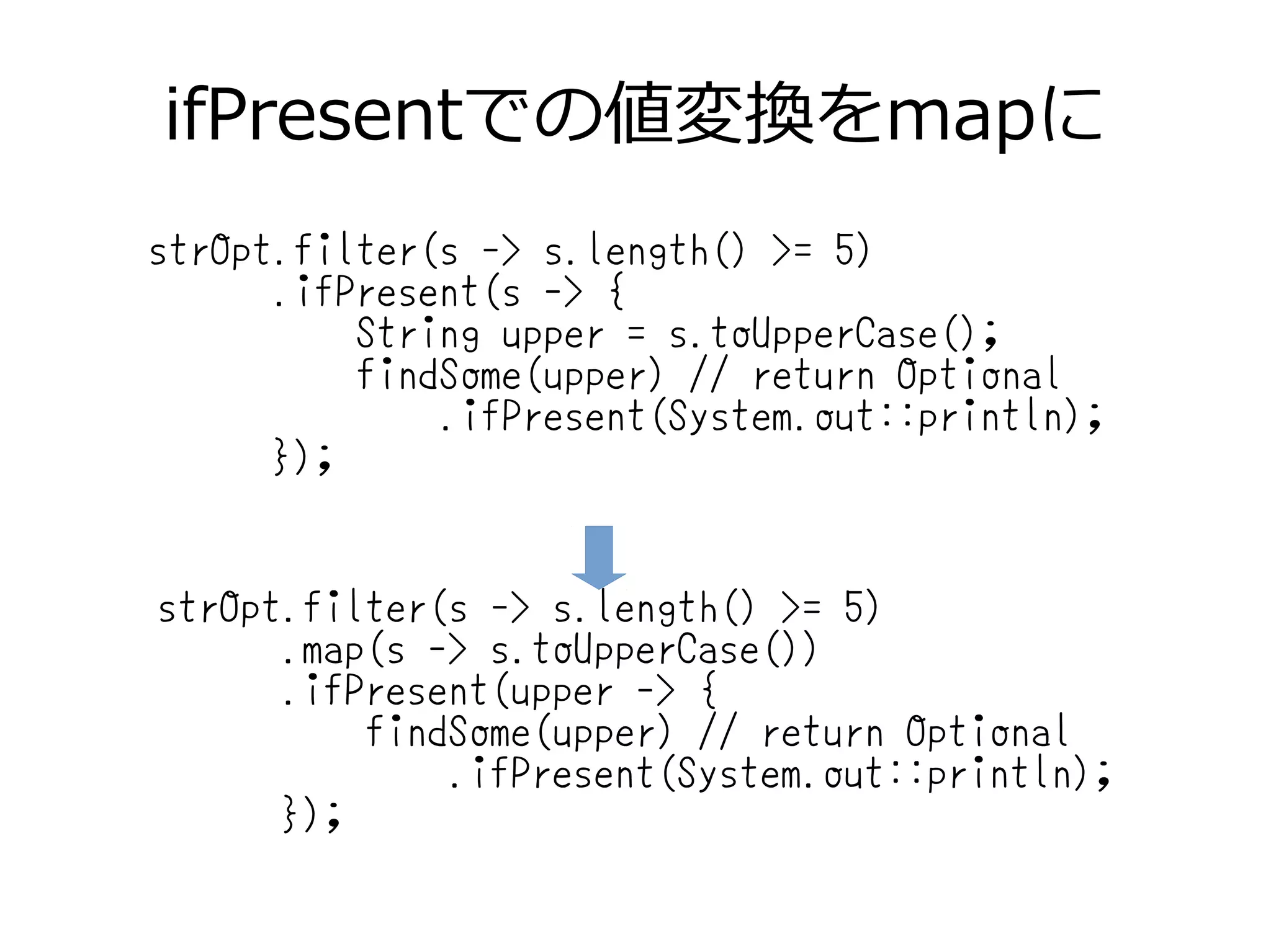 ifPresentでの値変換をmapに
strOpt.filter(s -> s.length() >= 5)
.ifPresent(s -> {
String upper = s.toUpperCase();
findSome(upper) // return Optional
.ifPresent(System.out::println);
});
strOpt.filter(s -> s.length() >= 5)
.map(s -> s.toUpperCase())
.ifPresent(upper -> {
findSome(upper) // return Optional
.ifPresent(System.out::println);
});
 