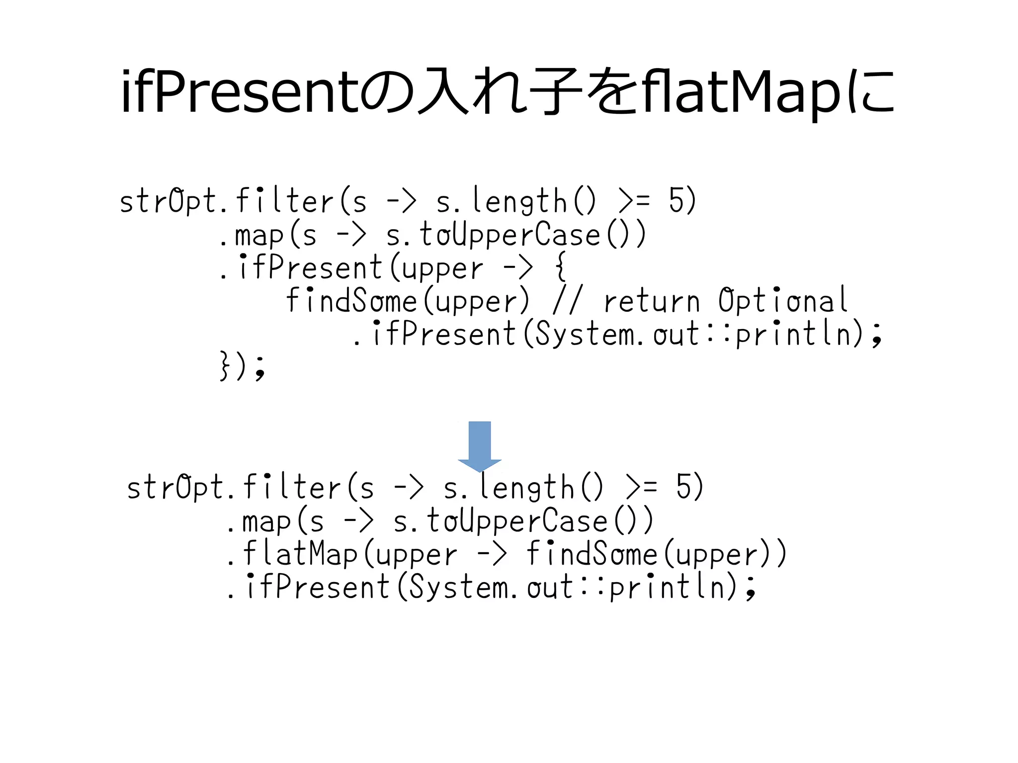 ifPresentの入れ子をflatMapに
strOpt.filter(s -> s.length() >= 5)
.map(s -> s.toUpperCase())
.ifPresent(upper -> {
findSome(upper) // return Optional
.ifPresent(System.out::println);
});
strOpt.filter(s -> s.length() >= 5)
.map(s -> s.toUpperCase())
.flatMap(upper -> findSome(upper))
.ifPresent(System.out::println);
 