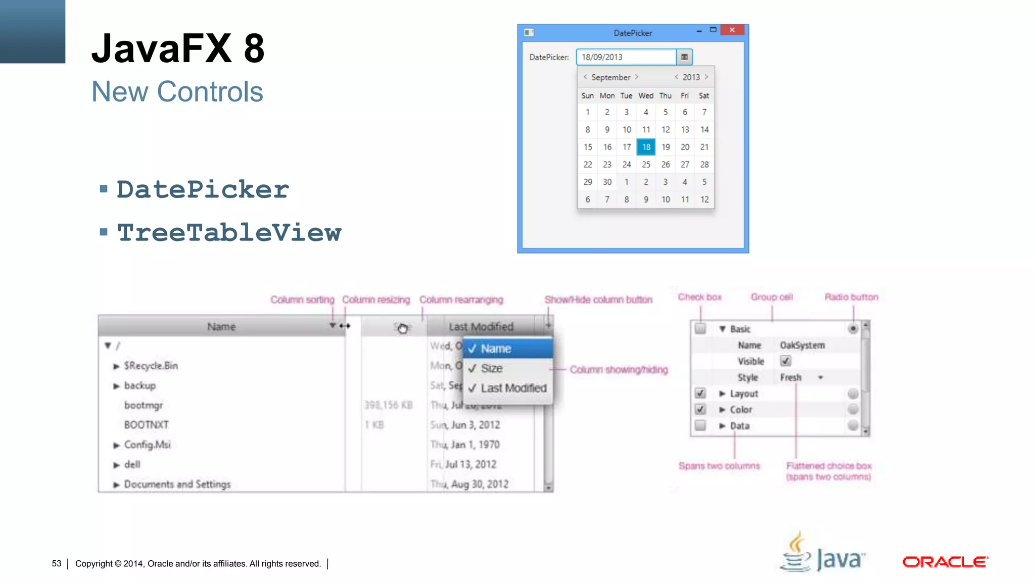 Copyright © 2014, Oracle and/or its affiliates. All rights reserved.53
JavaFX 8
 DatePicker
 TreeTableView
New Controls
 