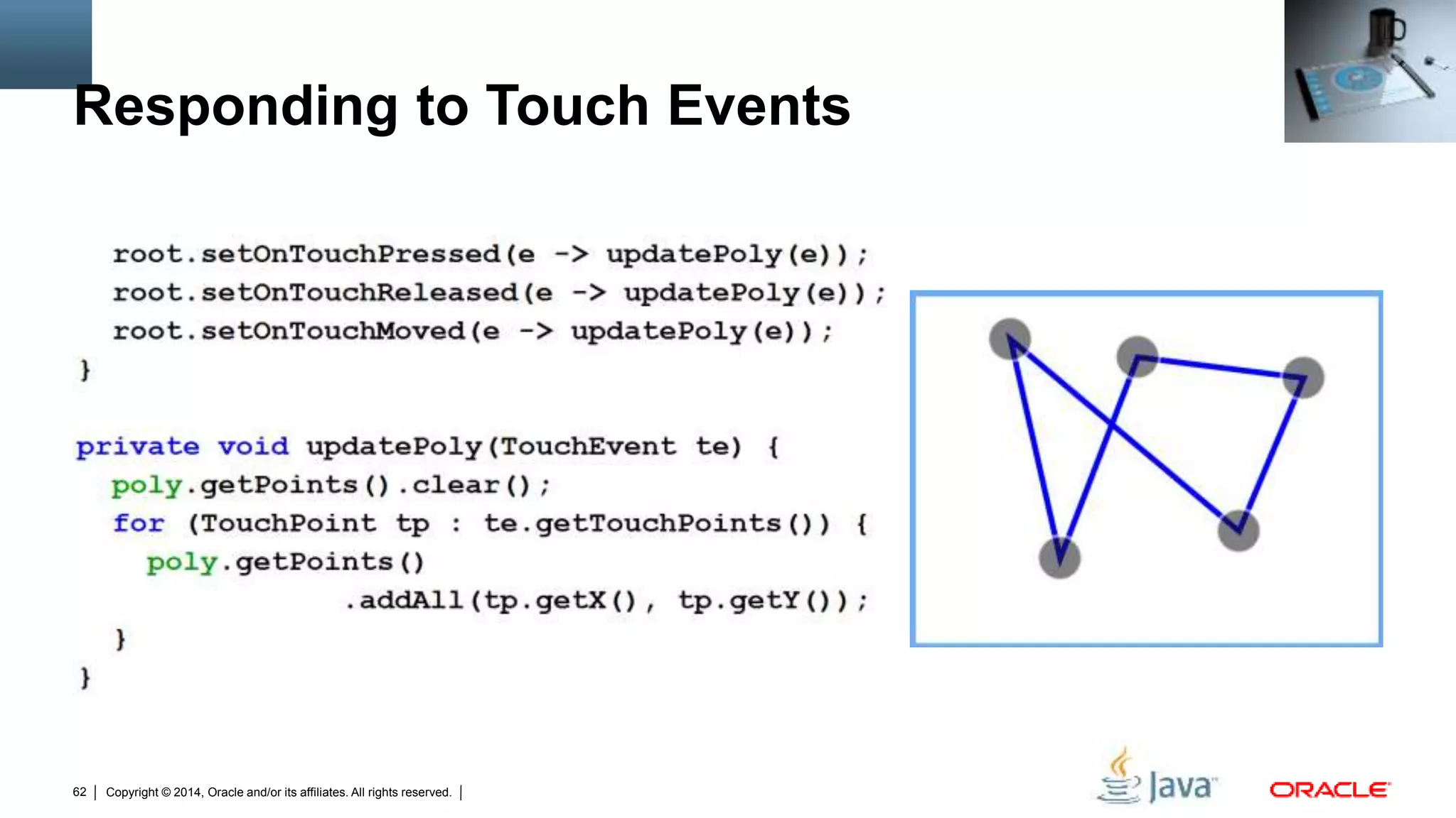 Copyright © 2014, Oracle and/or its affiliates. All rights reserved.62
Responding to Touch Events
 