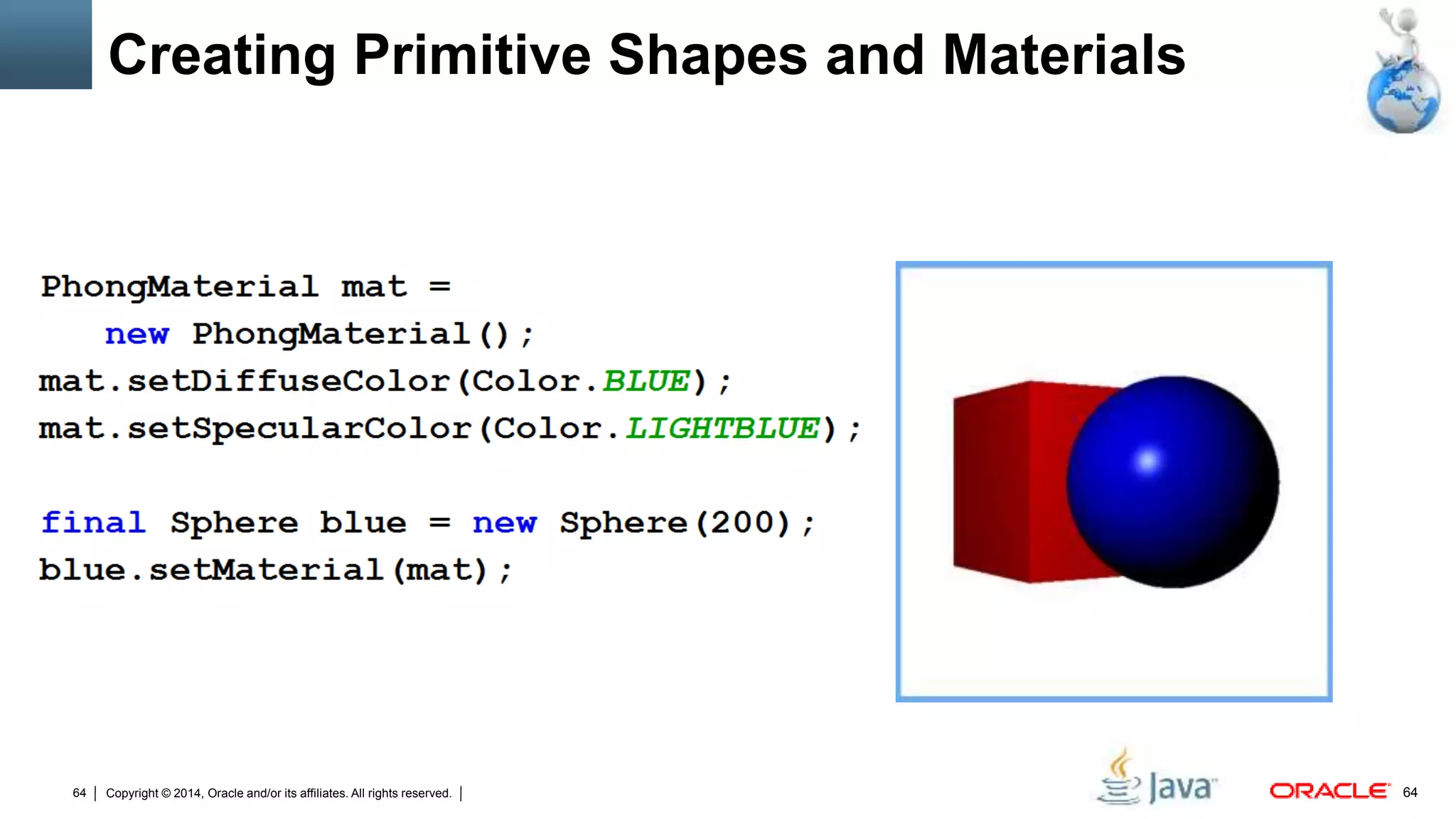 Copyright © 2014, Oracle and/or its affiliates. All rights reserved.64 64
Creating Primitive Shapes and Materials
 