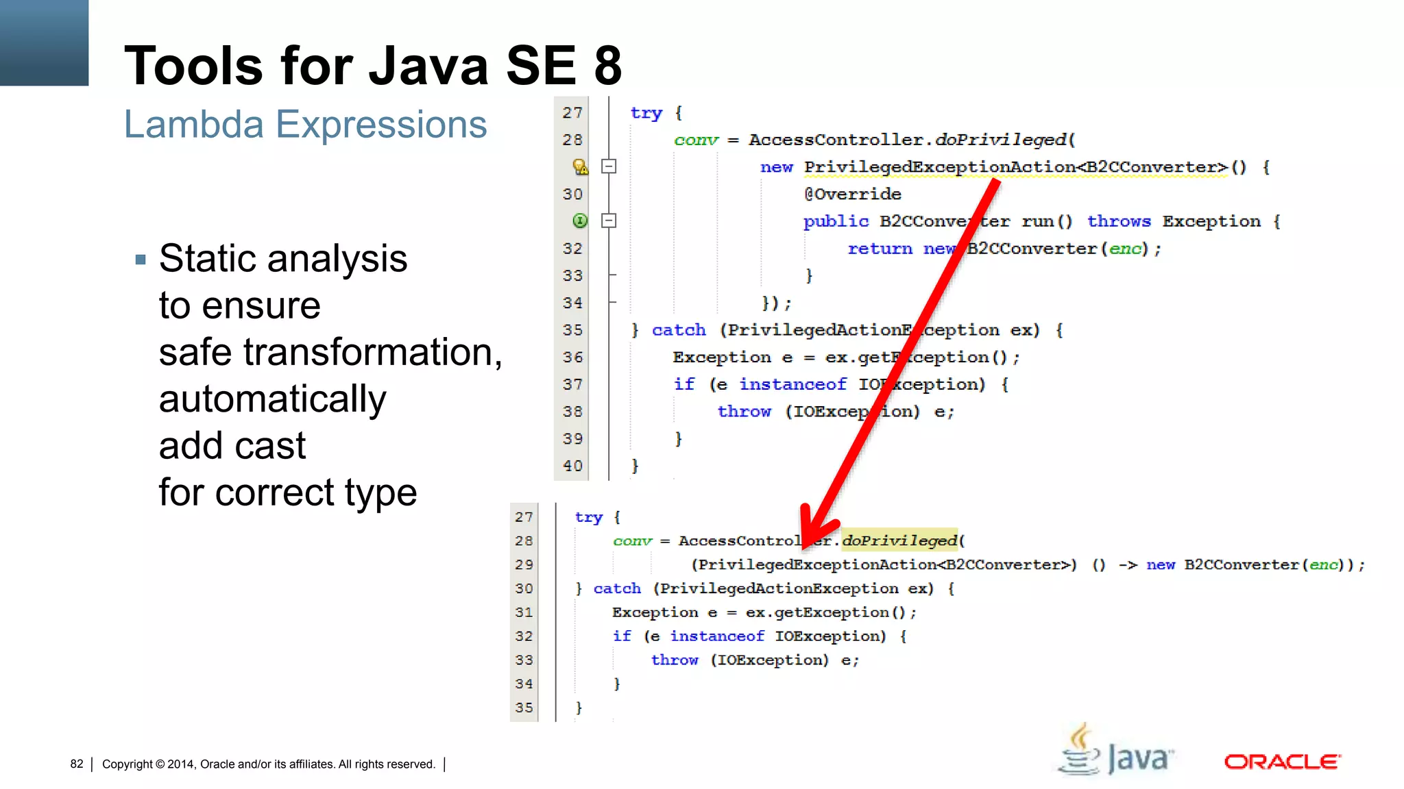 Copyright © 2014, Oracle and/or its affiliates. All rights reserved.82
Tools for Java SE 8
 Static analysis
to ensure
safe transformation,
automatically
add cast
for correct type
Lambda Expressions
 