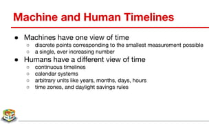Machine and Human Timelines
● Machines have one view of time
○ discrete points corresponding to the smallest measurement possible
○ a single, ever increasing number
● Humans have a different view of time
○ continuous timelines
○ calendar systems
○ arbitrary units like years, months, days, hours
○ time zones, and daylight savings rules
 