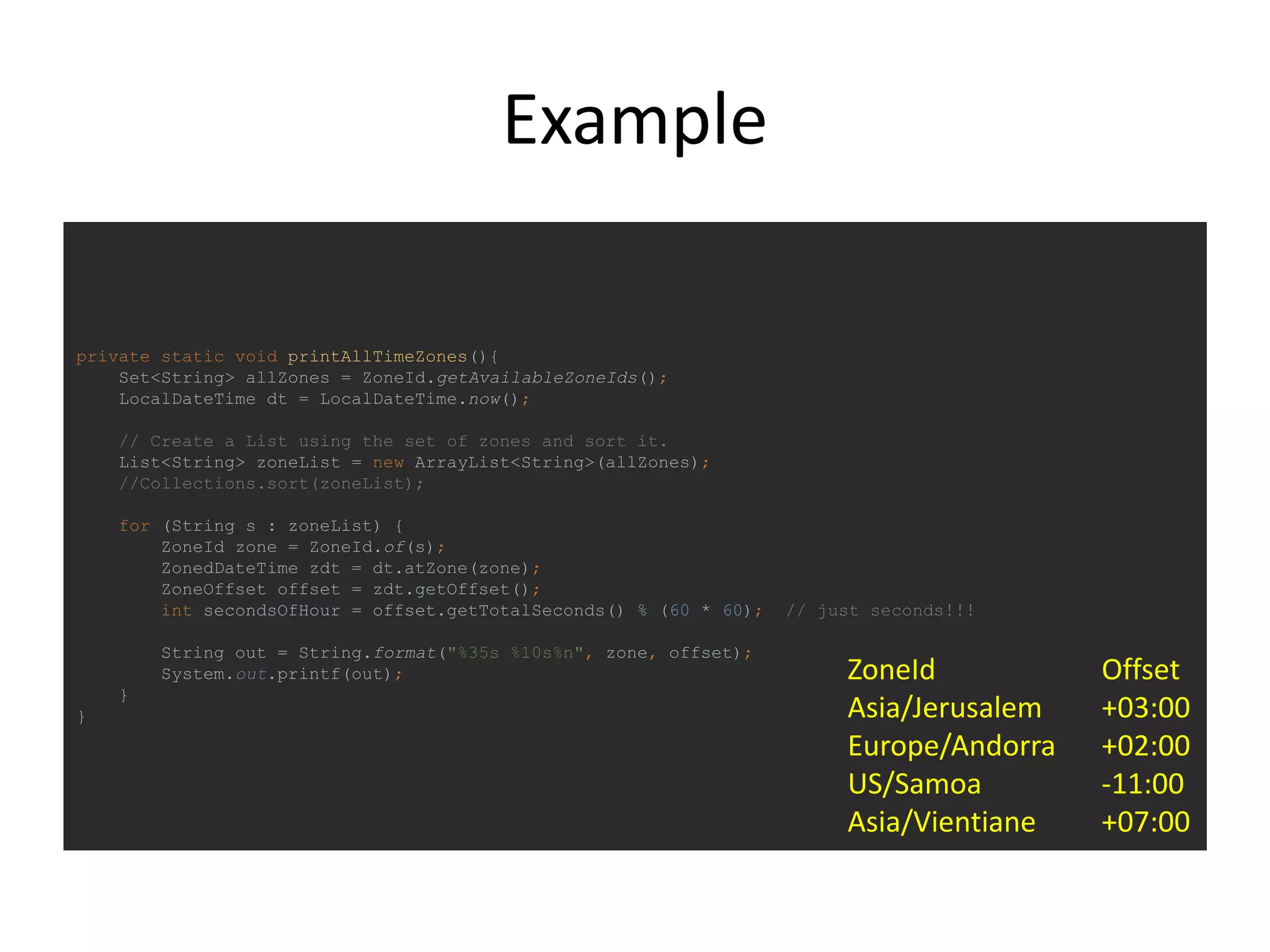 Example
private static void printAllTimeZones(){
Set<String> allZones = ZoneId.getAvailableZoneIds();
LocalDateTime dt = LocalDateTime.now();
// Create a List using the set of zones and sort it.
List<String> zoneList = new ArrayList<String>(allZones);
//Collections.sort(zoneList);
for (String s : zoneList) {
ZoneId zone = ZoneId.of(s);
ZonedDateTime zdt = dt.atZone(zone);
ZoneOffset offset = zdt.getOffset();
int secondsOfHour = offset.getTotalSeconds() % (60 * 60); // just seconds!!!
String out = String.format("%35s %10s%n", zone, offset);
System.out.printf(out);
}
}
ZoneId Offset
Asia/Jerusalem +03:00
Europe/Andorra +02:00
US/Samoa -11:00
Asia/Vientiane +07:00
 