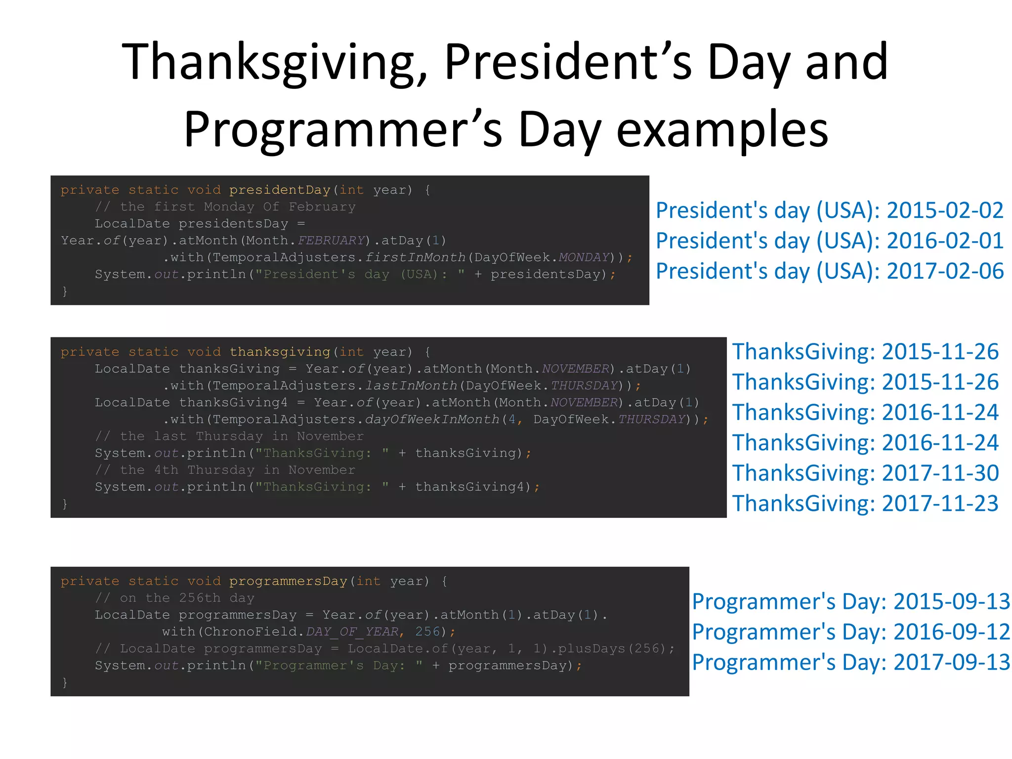 Thanksgiving, President’s Day and
Programmer’s Day examples
private static void thanksgiving(int year) {
LocalDate thanksGiving = Year.of(year).atMonth(Month.NOVEMBER).atDay(1)
.with(TemporalAdjusters.lastInMonth(DayOfWeek.THURSDAY));
LocalDate thanksGiving4 = Year.of(year).atMonth(Month.NOVEMBER).atDay(1)
.with(TemporalAdjusters.dayOfWeekInMonth(4, DayOfWeek.THURSDAY));
// the last Thursday in November
System.out.println("ThanksGiving: " + thanksGiving);
// the 4th Thursday in November
System.out.println("ThanksGiving: " + thanksGiving4);
}
private static void programmersDay(int year) {
// on the 256th day
LocalDate programmersDay = Year.of(year).atMonth(1).atDay(1).
with(ChronoField.DAY_OF_YEAR, 256);
// LocalDate programmersDay = LocalDate.of(year, 1, 1).plusDays(256);
System.out.println("Programmer's Day: " + programmersDay);
}
ThanksGiving: 2015-11-26
ThanksGiving: 2015-11-26
ThanksGiving: 2016-11-24
ThanksGiving: 2016-11-24
ThanksGiving: 2017-11-30
ThanksGiving: 2017-11-23
Programmer's Day: 2015-09-13
Programmer's Day: 2016-09-12
Programmer's Day: 2017-09-13
private static void presidentDay(int year) {
// the first Monday Of February
LocalDate presidentsDay =
Year.of(year).atMonth(Month.FEBRUARY).atDay(1)
.with(TemporalAdjusters.firstInMonth(DayOfWeek.MONDAY));
System.out.println("President's day (USA): " + presidentsDay);
}
President's day (USA): 2015-02-02
President's day (USA): 2016-02-01
President's day (USA): 2017-02-06
 
