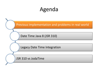 Agenda
Previous implementation and problems in real world
Date Time Java 8 (JSR 310)
Legacy Date Time Integration
JSR 310 vs JodaTime
 