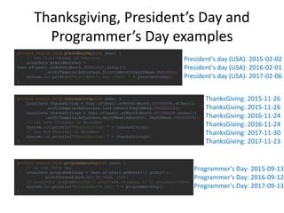 Thanksgiving, President’s Day and
Programmer’s Day examples
private static void thanksgiving(int year) {
LocalDate thanksGiving = Year.of(year).atMonth(Month.NOVEMBER).atDay(1)
.with(TemporalAdjusters.lastInMonth(DayOfWeek.THURSDAY));
LocalDate thanksGiving4 = Year.of(year).atMonth(Month.NOVEMBER).atDay(1)
.with(TemporalAdjusters.dayOfWeekInMonth(4, DayOfWeek.THURSDAY));
// the last Thursday in November
System.out.println("ThanksGiving: " + thanksGiving);
// the 4th Thursday in November
System.out.println("ThanksGiving: " + thanksGiving4);
}
private static void programmersDay(int year) {
// on the 256th day
LocalDate programmersDay = Year.of(year).atMonth(1).atDay(1).
with(ChronoField.DAY_OF_YEAR, 256);
// LocalDate programmersDay = LocalDate.of(year, 1, 1).plusDays(256);
System.out.println("Programmer's Day: " + programmersDay);
}
ThanksGiving: 2015-11-26
ThanksGiving: 2015-11-26
ThanksGiving: 2016-11-24
ThanksGiving: 2016-11-24
ThanksGiving: 2017-11-30
ThanksGiving: 2017-11-23
Programmer's Day: 2015-09-13
Programmer's Day: 2016-09-12
Programmer's Day: 2017-09-13
private static void presidentDay(int year) {
// the first Monday Of February
LocalDate presidentsDay =
Year.of(year).atMonth(Month.FEBRUARY).atDay(1)
.with(TemporalAdjusters.firstInMonth(DayOfWeek.MONDAY));
System.out.println("President's day (USA): " + presidentsDay);
}
President's day (USA): 2015-02-02
President's day (USA): 2016-02-01
President's day (USA): 2017-02-06
 