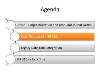 Agenda
Previous implementation and problems in real world
Date Time Java 8 (JSR 310)
Legacy Date Time Integration
JSR 310 vs JodaTime
 