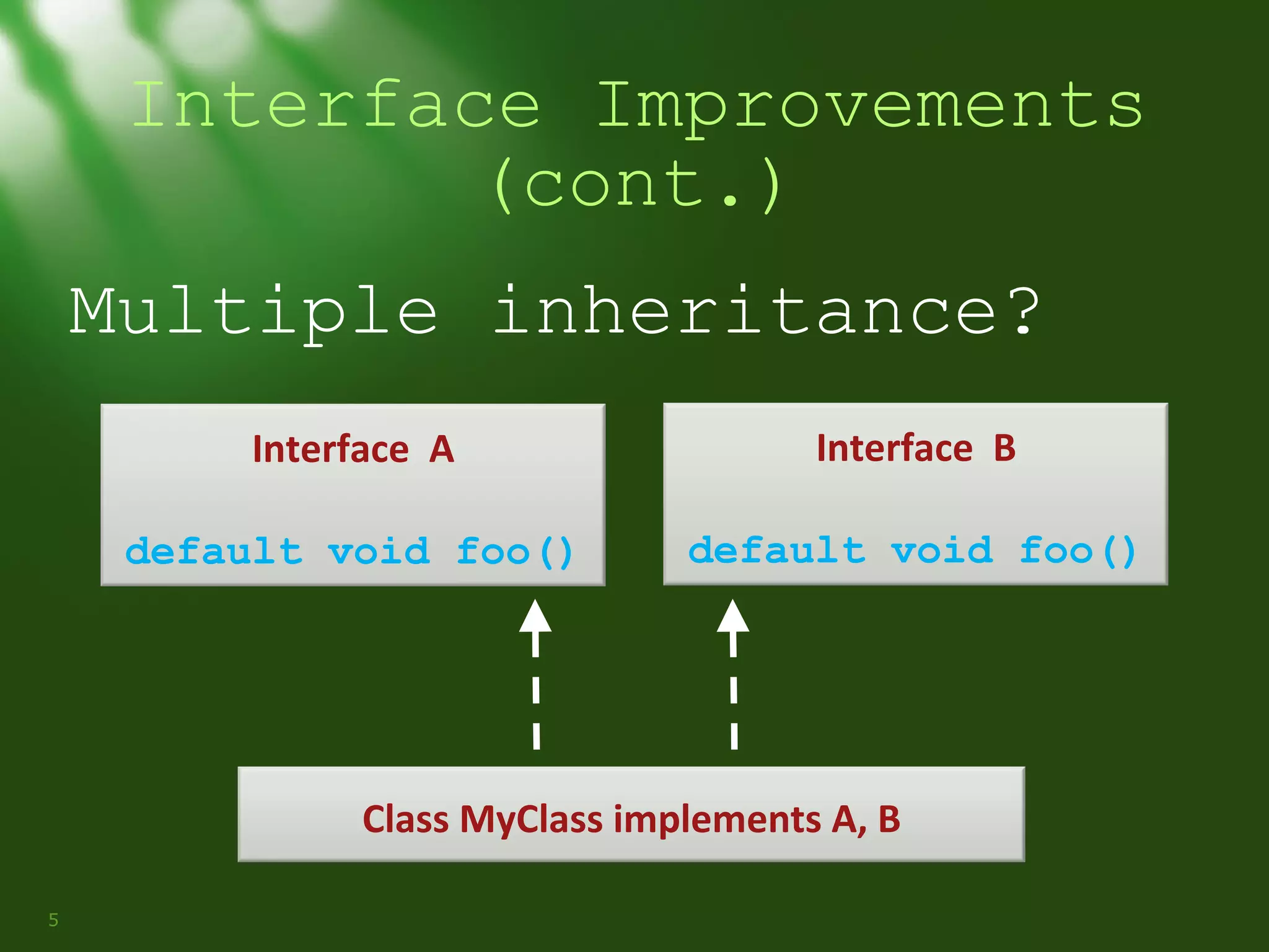 Interface Improvements
(cont.)
Multiple inheritance?
Interface A

Interface B

default void foo()

default void foo()

Class MyClass implements A, B
5

 