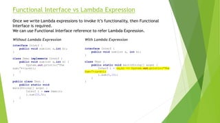 Functional Interface vs Lambda Expression
Once we write Lambda expressions to invoke it’s functionality, then Functional
Interface is required.
We can use Functional Interface reference to refer Lambda Expression.
Without Lambda Expression With Lambda Expression
interface Interf {
public void sum(int a,int b);
}
class Demo implements Interf {
public void sum(int a,int b) {
System.out.println(“The
sum:”•+(a+b));
}
}
public class Test {
public static void
main(String[] args) {
Interf i = new Demo();
i.sum(20,5);
}
}
interface Interf {
public void sum(int a, int b);
}
class Test {
public static void main(String[] args) {
Interf i = (a,b) -> System.out.println(“The
Sum:”+(a+b));
i.sum(5,10);
}
}
 