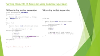 Sorting elements of ArrayList using Lambda Expression
Without using lambda expression With using lambda expression
Class MyComparator implements
Comparator<Integer>
{
Public int compare(Integer a, Integer
b) { return a-b; }
}
Class Test
{
Public Static void main(String[] args)
{
ArrayList<Integer> l = new
ArrayList<Integer>();
l.add(7);
l.add(3);
l.add(4);
Cllections.sort(l, MyComparator());
System.out.println(“After
sorting”+l)
}
}
Output : After sorting : [ 3 4 7
Class Test
{
Public Static void main(String[] args)
{
ArrayList<Integer> l = new
ArrayList<Integer>();
l.add(7);
l.add(3);
l.add(4);
Cllections.sort(l, (a,b) -> a-b; );
System.out.println(“After sorting”+l)
}
}
 