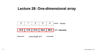 Lecture 28: One-dimensional array
0 1 2 3 4
13.0 17.0 21.0 25.0 29.0
112 Marius Claassen, 2017
indices
array length of 5
elements
 