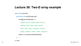 Lecture 30: Two-D array example
public class Lecture30 {
public static void main(String[] args) {
String[][] phoneticAlphabet = {
{“alpha”, “bravo”, “charlie”, “delta”, “echo” },
{“foxtrot”, “golf”, “hotel”, “india”, “juliet” },
{“kilo”, “lima”, “mike”, “november”, “oscar” },
{“papa”, “quebec”, “romeo”, “sierra”, “tango” } };
System.out.print(phoneticAlphabet[1][3]);
}
} // india
120 Marius Claassen, 2017
 