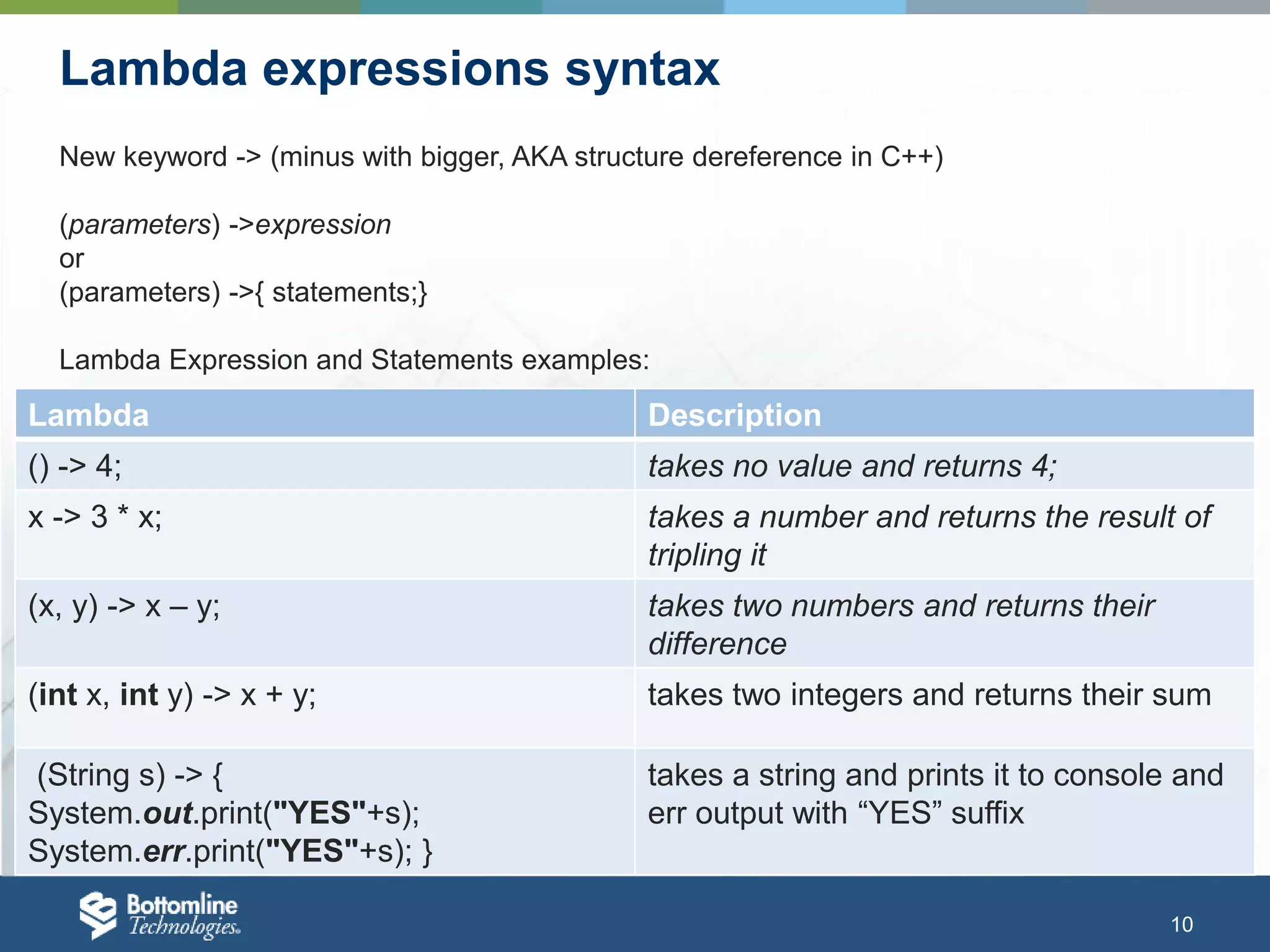 10 Lambda expressions syntax Lambda Description () -> 4; takes no value and returns 4; x -> 3 * x; takes a number and returns the result of tripling it (x, y) -> x – y; takes two numbers and returns their difference (int x, int y) -> x + y; takes two integers and returns their sum (String s) -> { System.out.print("YES"+s); System.err.print("YES"+s); } takes a string and prints it to console and err output with “YES” suffix New keyword -> (minus with bigger, AKA structure dereference in C++) (parameters) ->expression or (parameters) ->{ statements;} Lambda Expression and Statements examples: 