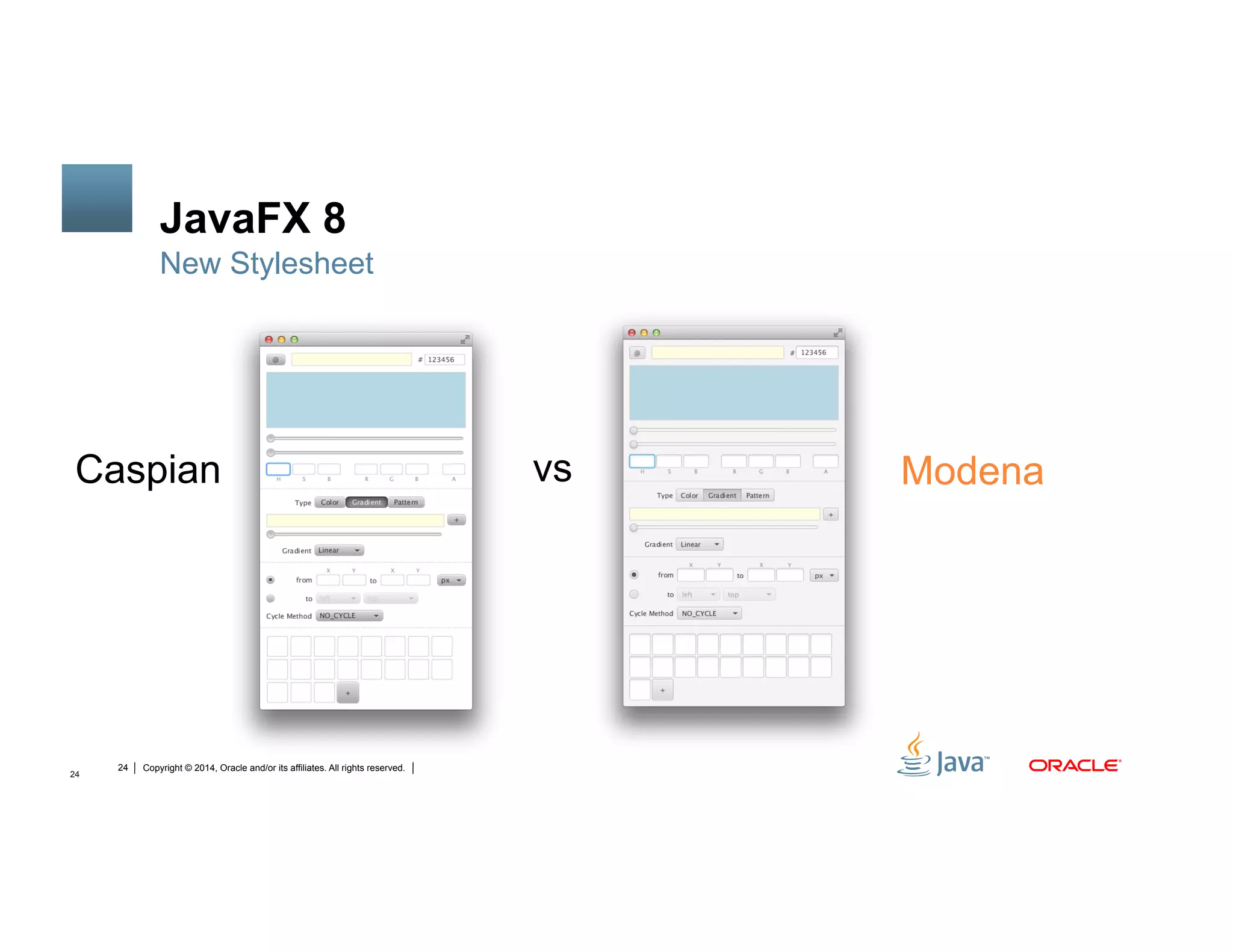 Copyright © 2014, Oracle and/or its affiliates. All rights reserved.24
JavaFX 8
New Stylesheet
24
Caspian vs Modena
 