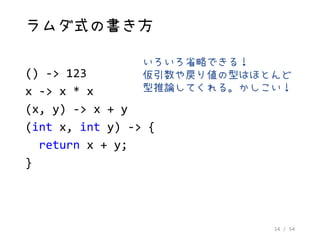 14 / 54
ラムダ式の書き方
() -> 123
x -> x * x
(x, y) -> x + y
(int x, int y) -> {
return x + y;
}
いろいろ省略できる！
仮引数や戻り値の型はほとんど
型推論してくれる。かしこい！
 