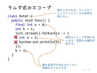 21 / 54
ラムダ式のスコープ
class Outer {
public void func() {
final int a = 0;
int b = 1;
list.stream().forEach(x -> {
int a = 2;
System.out.println(b);
});
b = 3;
}
}
値の変更が行われるローカル
変数はアクセス不可
独自のスコープを持たな
いので、変数名の衝突が
起きる。
明示しなければ、エンクロー
ジングインスタンスの参照を
持たない。
 