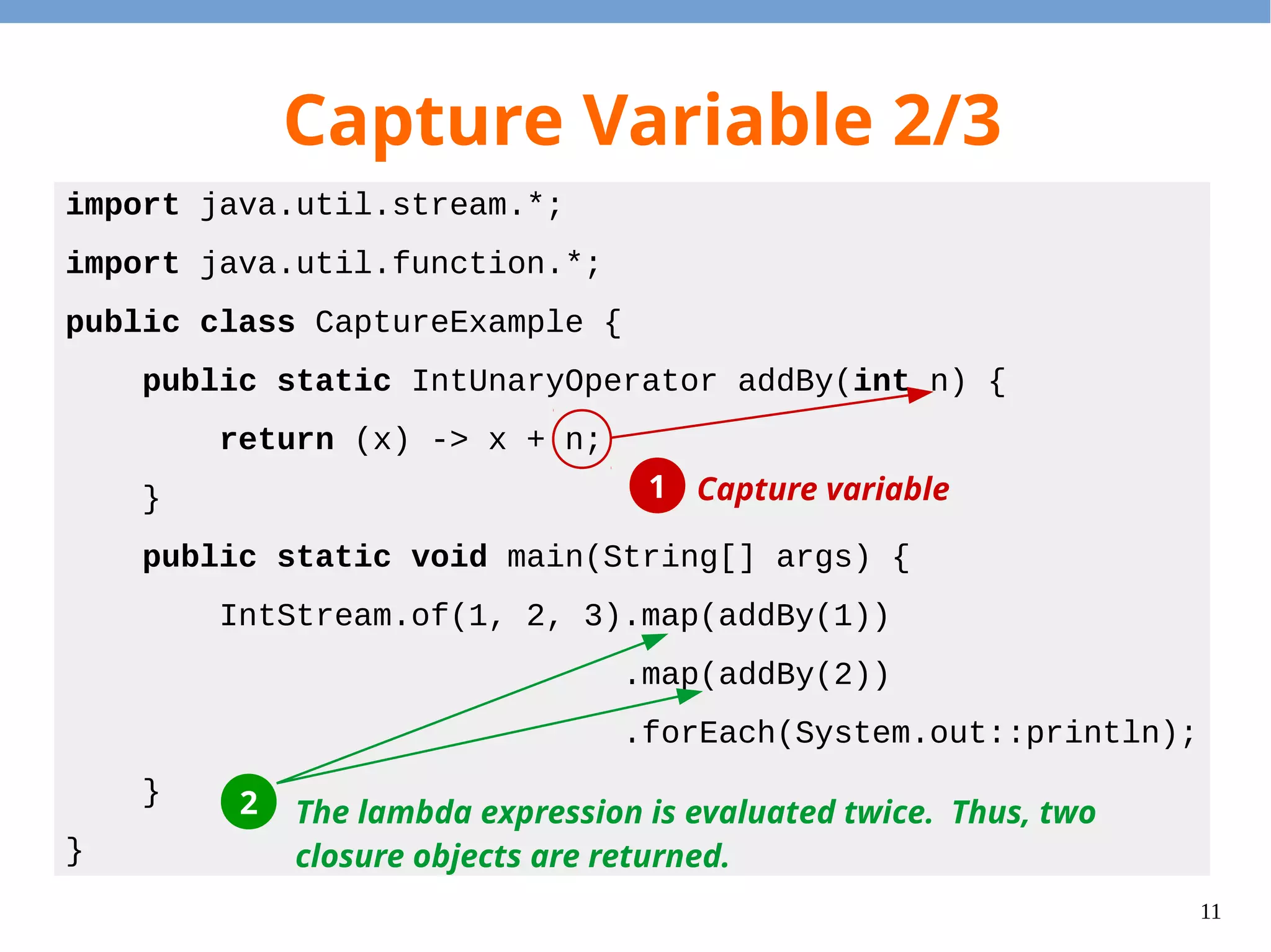 11
Capture Variable 2/3
import java.util.stream.*;
import java.util.function.*;
public class CaptureExample {
public static IntUnaryOperator addBy(int n) {
return (x) -> x + n;
}
public static void main(String[] args) {
IntStream.of(1, 2, 3).map(addBy(1))
.map(addBy(2))
.forEach(System.out::println);
}
}
Capture variable11
2 The lambda expression is evaluated twice. Thus, two
closure objects are returned.
 