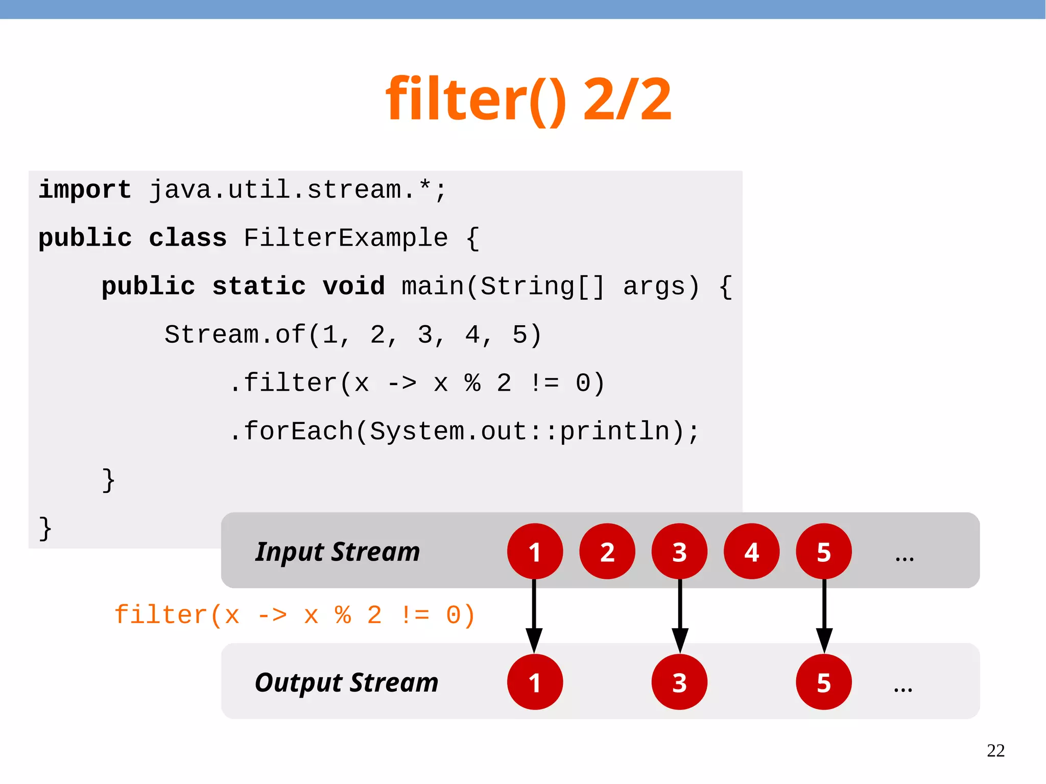 22
filter() 2/2
import java.util.stream.*;
public class FilterExample {
public static void main(String[] args) {
Stream.of(1, 2, 3, 4, 5)
.filter(x -> x % 2 != 0)
.forEach(System.out::println);
}
}
1 2 3 4 5
1 3 5
Input Stream
Output Stream
…
…
filter(x -> x % 2 != 0)
 