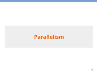 56
Parallelism
●
If we limit ourselves to this restricted
programming style, then we can (almost) get
parallelism for free.
●
Call parallel() to convert a stream to
parallel stream.
 