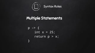 Syntax Rules
Multiple Statements
p -> {
int x = 25;
return p > x;
}
 