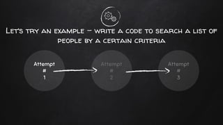 Let’s try an example - write a code to search a list of
people by a certain criteria
Attempt
#
1
Attempt
#
2
Attempt
#
3
 