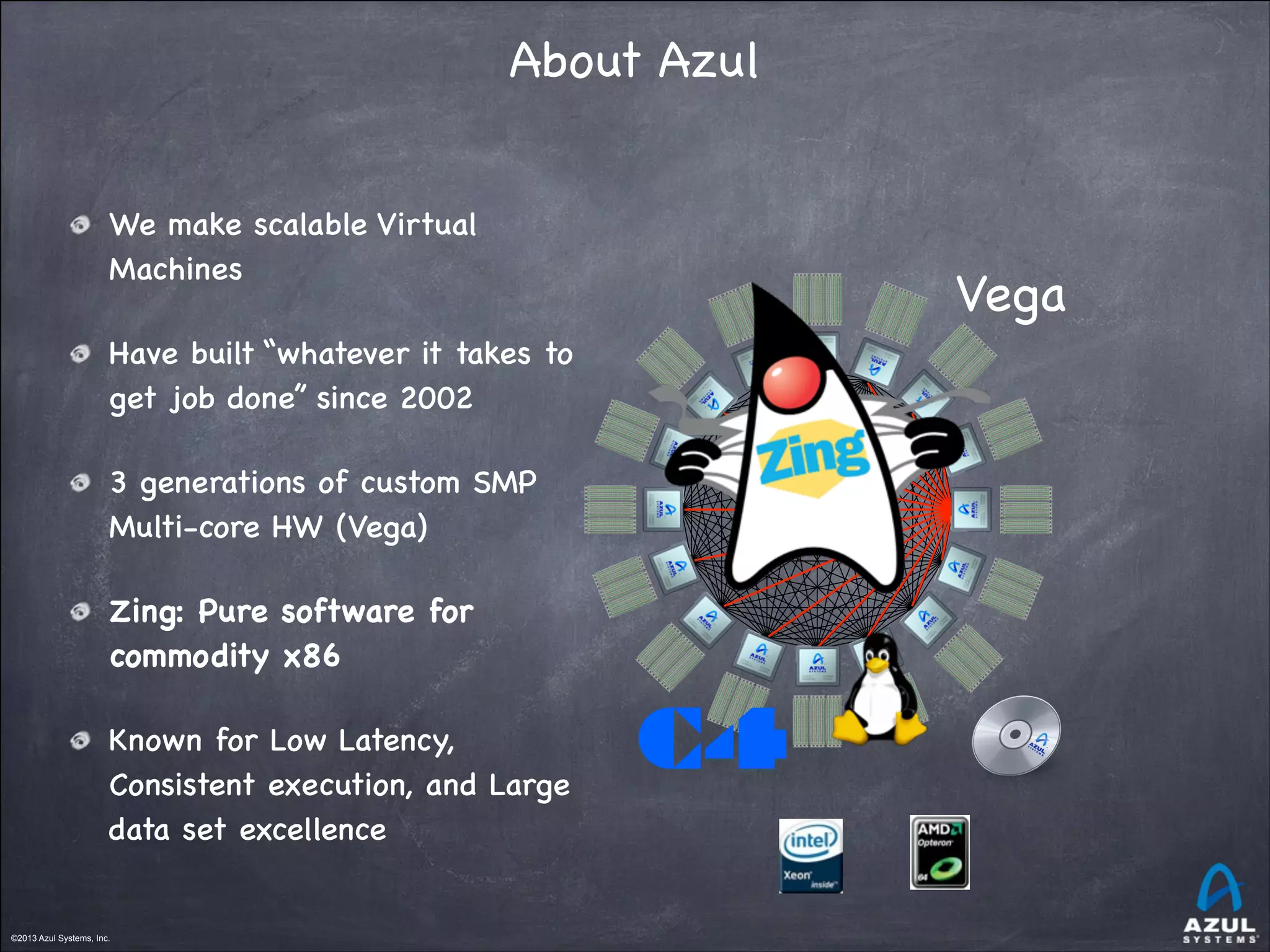 ©2013 Azul Systems, Inc.	
 	
 	
 	
 	
 	
©2013 Azul Systems, Inc.	
 	
 	
 	
 	
 	
About Azul
We make scalable Virtual
Machines

Have built “whatever it takes to
get job done” since 2002

3 generations of custom SMP
Multi-core HW (Vega)

Zing: Pure software for
commodity x86

Known for Low Latency,
Consistent execution, and Large
data set excellence
Vega
C4
 