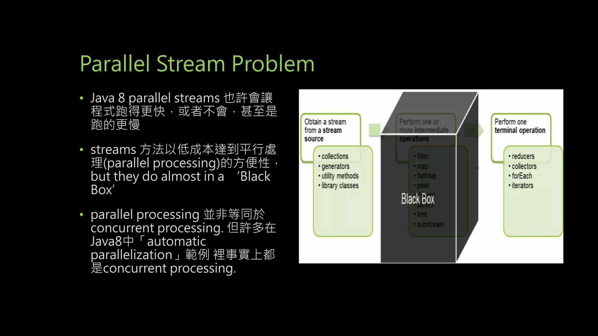 Parallel Stream Problem
• Java 8 parallel streams 也許會讓
程式跑得更快，或者不會，甚至是
跑的更慢
• streams 方法以低成本達到平行處
理(parallel processing)的方便性，
but they do almost in a ‘Black
Box’
• parallel processing 並非等同於
concurrent processing. 但許多在
Java8中「automatic
parallelization」範例 裡事實上都
是concurrent processing.
 