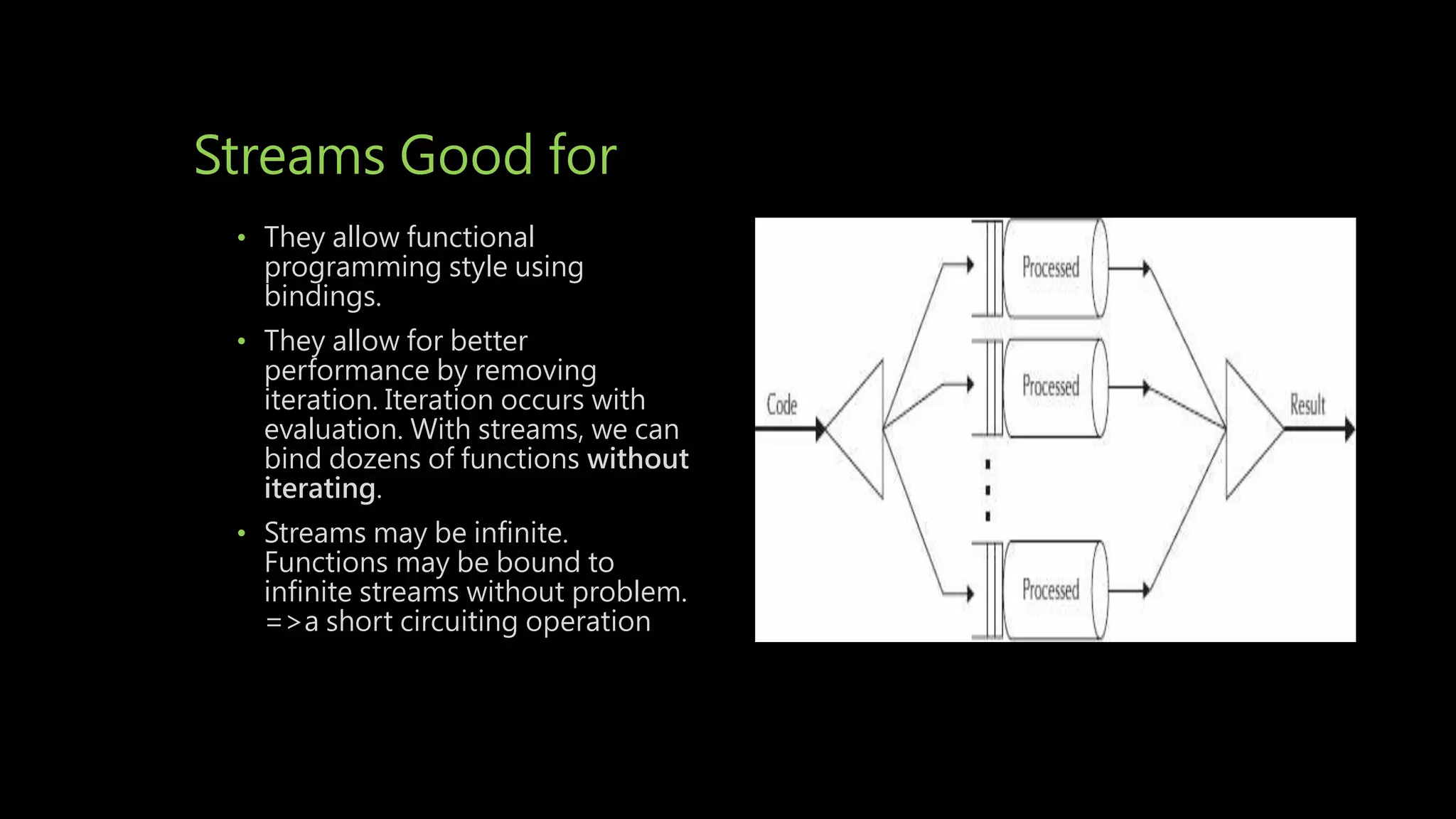 Streams Good for
• They allow functional
programming style using
bindings.
• They allow for better
performance by removing
iteration. Iteration occurs with
evaluation. With streams, we can
bind dozens of functions without
iterating.
• Streams may be infinite.
Functions may be bound to
infinite streams without problem.
=>a short circuiting operation
 