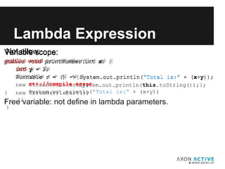 Variable scope:
public void printNumber(int x) {
int y = 2;
Runnable r = () -> System.out.println(“Total is:” + (x+y));
new Thread(r).start();
}
Lambda Expression
Free variable: not define in lambda parameters.
Variable scope:
public void printNumber(int x) {
int y = 2;
Runnable r = () ->{System.out.println(“Total is:” + (x+y));
System.out.println(this.toString());};
new Thread(r).start();
}
Not allow:
public void printNumber(int x) {
int y = 2;
Runnable r = () -> {
x++;//compile error
System.out.println(“Total is:” + (x+y))
};
}
 