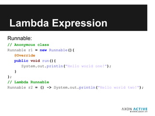 Runnable:
// Anonymous class
Runnable r1 = new Runnable(){
@Override
public void run(){
System.out.println("Hello world one!");
}
};
// Lambda Runnable
Runnable r2 = () -> System.out.println("Hello world two!");
Lambda Expression
 