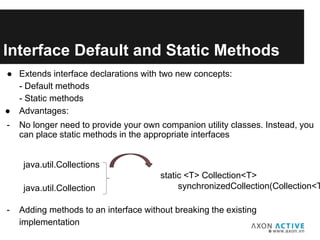 static <T> Collection<T>
synchronizedCollection(Collection<T
Interface Default and Static Methods
● Advantages:
- No longer need to provide your own companion utility classes. Instead, you
can place static methods in the appropriate interfaces
- Adding methods to an interface without breaking the existing
implementation
java.util.Collections
java.util.Collection
● Extends interface declarations with two new concepts:
- Default methods
- Static methods
 