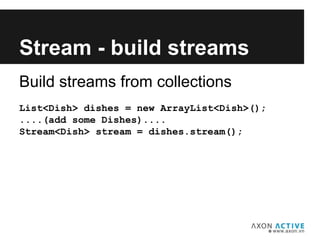 Build streams from collections
List<Dish> dishes = new ArrayList<Dish>();
....(add some Dishes)....
Stream<Dish> stream = dishes.stream();
Add text here...
Stream - build streams
 