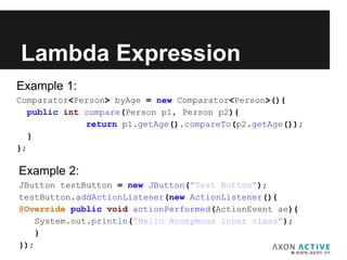 Example 1:
Comparator<Person> byAge = new Comparator<Person>(){
public int compare(Person p1, Person p2){
return p1.getAge().compareTo(p2.getAge());
}
};
Lambda Expression
Example 2:
JButton testButton = new JButton("Test Button");
testButton.addActionListener(new ActionListener(){
@Override public void actionPerformed(ActionEvent ae){
System.out.println(“Hello Anonymous inner class");
}
});
 