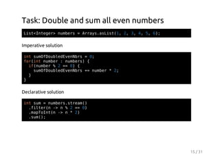 Task: Double and sum all even numbers
Ls<nee>nmes=Ary.sit1 2 3 4 5 6;
itItgr ubr
rasaLs(, , , , , )

Imperative solution
itsmfobeEeNr =0
n uODuldvnbs
;
fritnme :nmes {
o(n ubr
ubr)
i(ubr%2= 0 {
fnme
= )
smfobeEeNr + nme *2
uODuldvnbs = ubr
;
}
}

Declarative solution
itsm=nmessra(
n u
ubr.tem)
.itrn- n%2= 0
fle( >
= )
.aTItn- n*2
mpon( >
)
.u(;
sm)

15 / 31

 