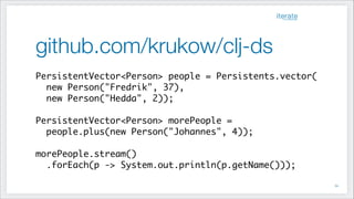 github.com/krukow/clj-ds
PersistentVector<Person> people = Persistents.vector(	
new Person("Fredrik", 37),	
new Person("Hedda", 2));	
!
PersistentVector<Person> morePeople = 	
people.plus(new Person("Johannes", 4));	
!
morePeople.stream()	
.forEach(p -> System.out.println(p.getName()));
!54
 